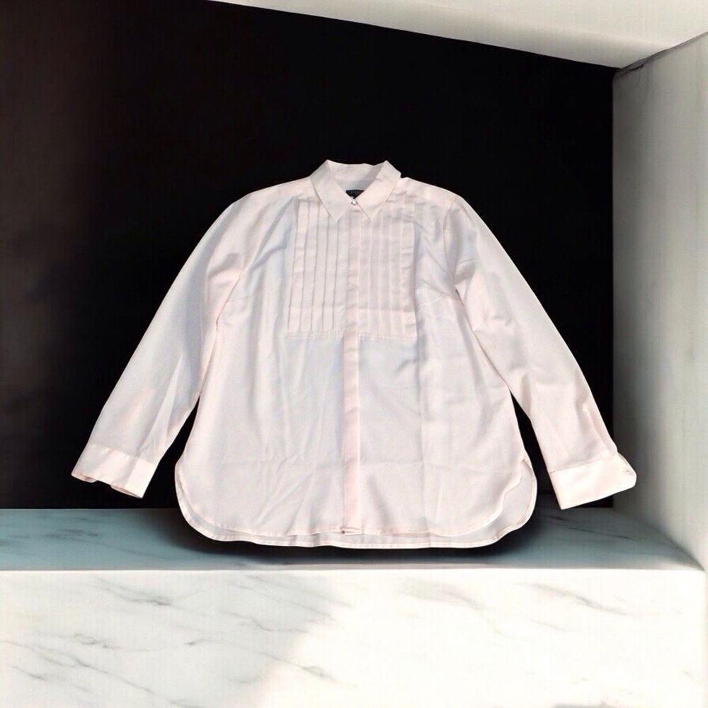 Talbots Pink Semi Sheer Pleated Tuxedo Style Button Down Blouse Size S Petite